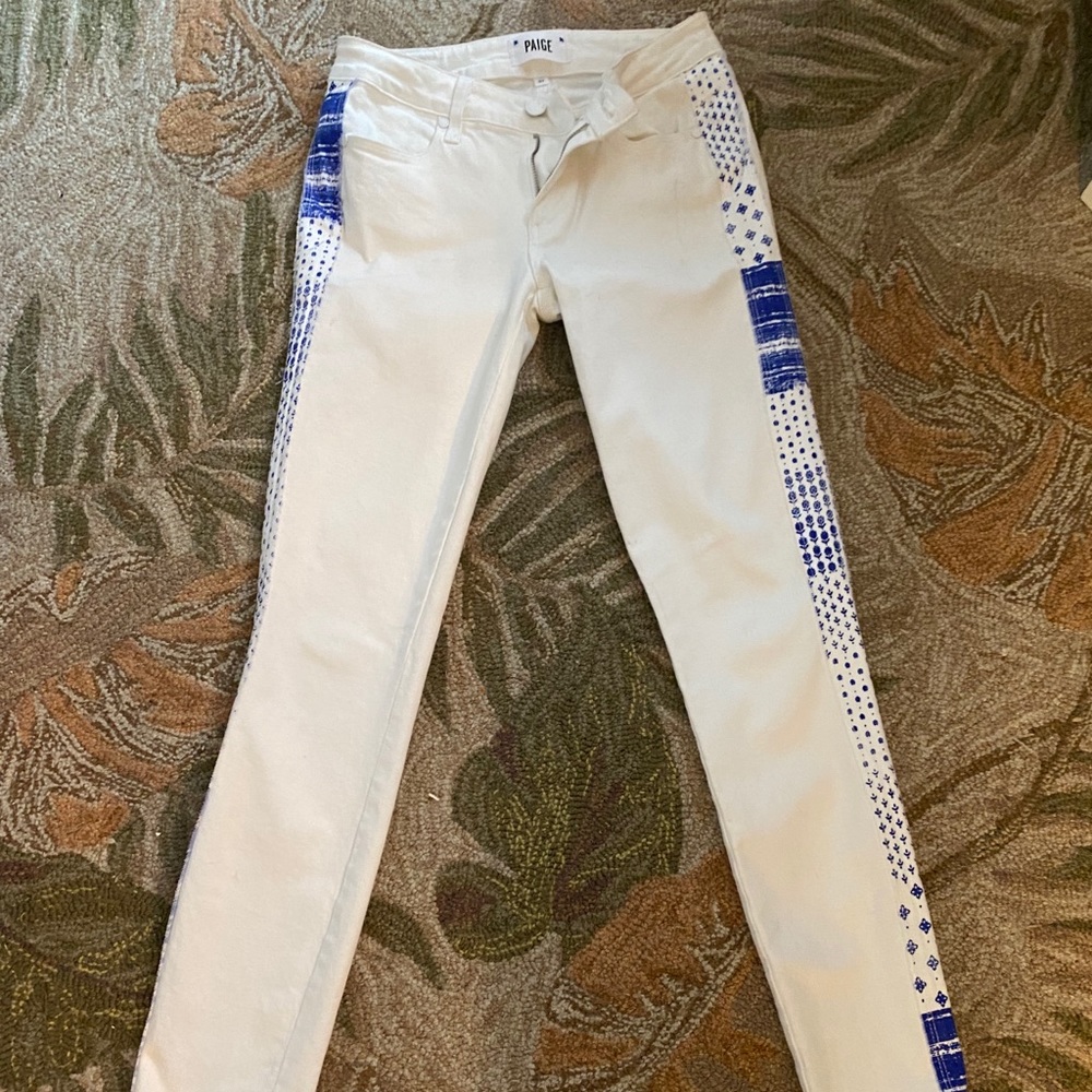 PAIGE White Skinny Jeans with Blue Details